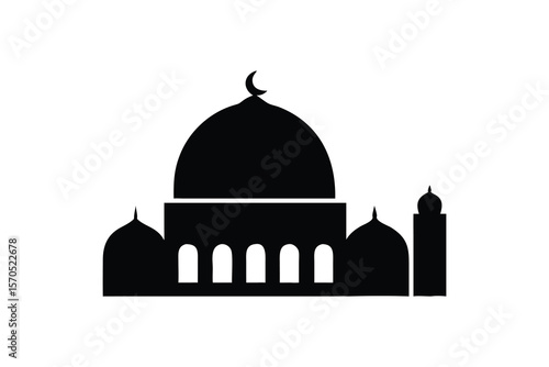 Simple Black Silhouette Icon of a Mosque, Islamic Architecture, Religious Symbol, Peaceful and Serene Mood, Minimalist Design, Vector Illustration, Perfect for Websites, Apps, and Presentations, Cultu