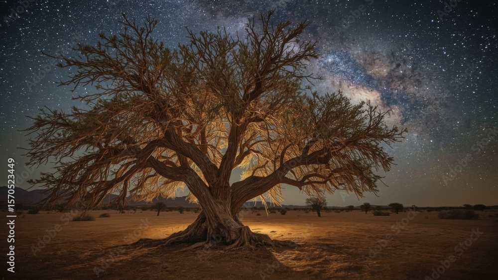 Tree in desert under starry sky with high dynamic range photography and lucid realism Tree in desert under starry sky with high dynamic range photography and lucid realism