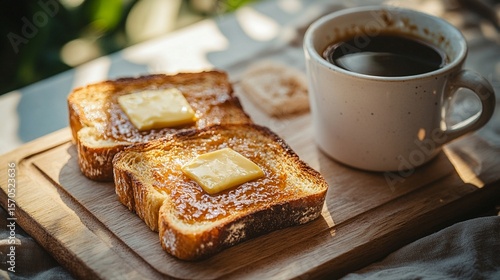 Slices of toasted bread spread with butter and Vegemite, placed on a breakfast table with a mug of coffee and soft morning lighting.