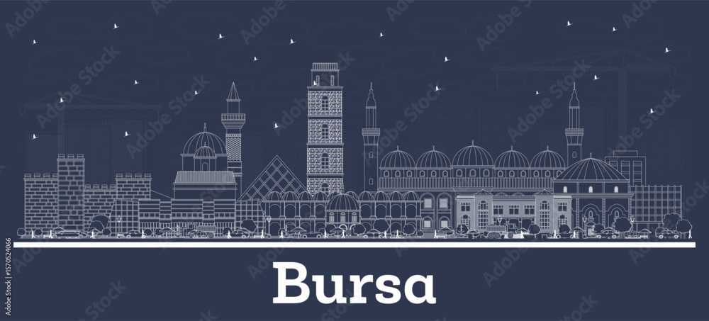 Fototapeta premium Outline Bursa Turkey City Skyline with white Buildings. Business Travel and Concept with Historic Architecture. Bursa Cityscape with Landmarks.