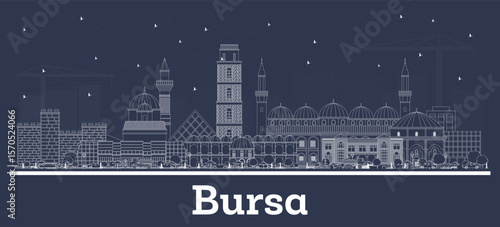Outline Bursa Turkey City Skyline with white Buildings. Business Travel and Concept with Historic Architecture. Bursa Cityscape with Landmarks.
