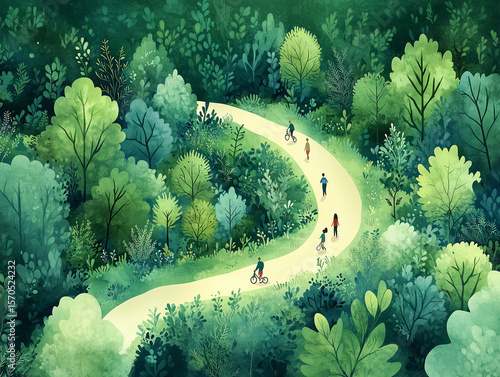 Green park with people jogging on a winding trail, cyclists riding past, and a family playing frisbee. Watercolor style illustration