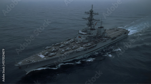 aval aircraft carrier cruising steadily through the open ocean. The massive warship is equipped with numerous military vehicles, including tanks and support equipment, strategically placed on its expa