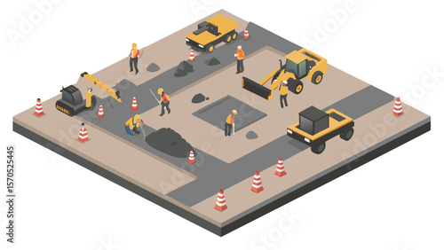 Isometric view of road construction site with workers, vehicles, and safety cones in a stylized scene