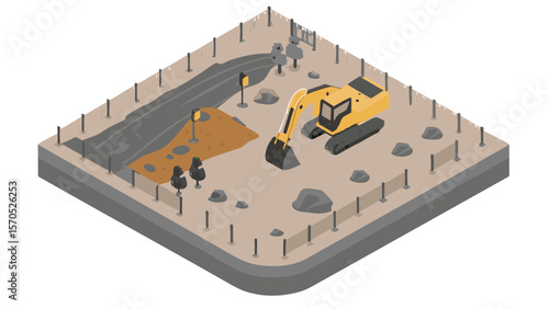 Isometric view of a construction site with an excavator, trench, trees, and safety barriers visible