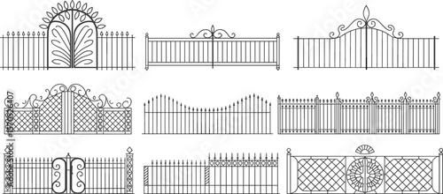 Collection of decorative wrought iron gate designs, vintage fence illustration, ornamental metal fences, black and white vector artwork flat vector illustration