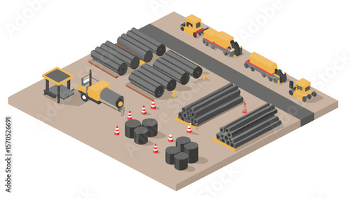 Isometric view of a construction site with pipes, trucks, and construction equipment in a yard area
