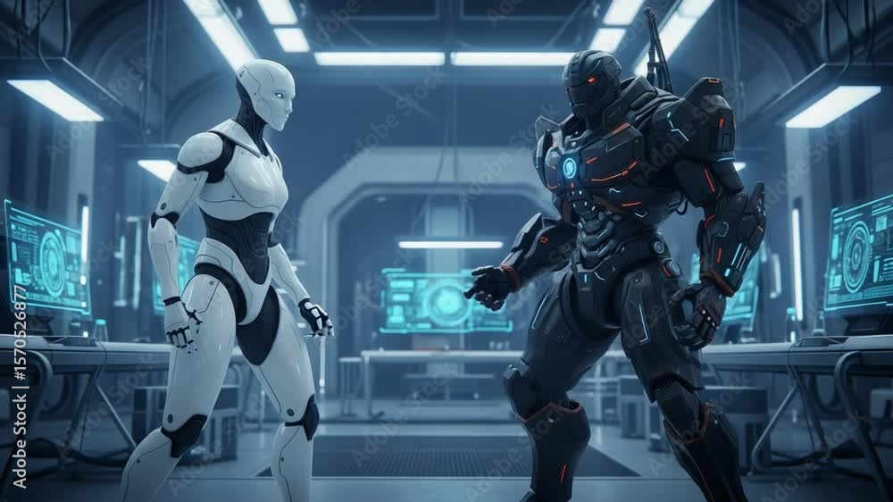 Robots Engage in a Strategic Discussion in a Futuristic Technology Lab Environment Robots Engage in a Strategic Discussion in a Futuristic Technology Lab Environment