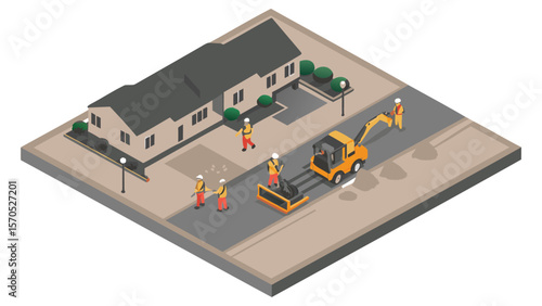 Isometric view of road repair scene with workers excavator and house in residential neighborhood depicted