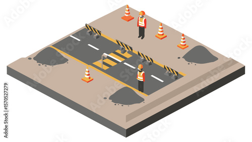 Isometric view of road construction site with workers cones and barriers on a square platform scene