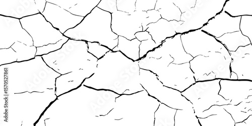 "High-contrast cracked wall texture with black fracture lines on a white background. Perfect for distressed effects, backgrounds, aged surfaces, grunge art, and abstract design elements"