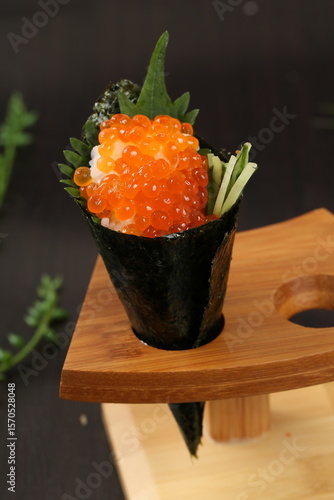 food, japanese cuisine, delicious, salmon roe hand roll