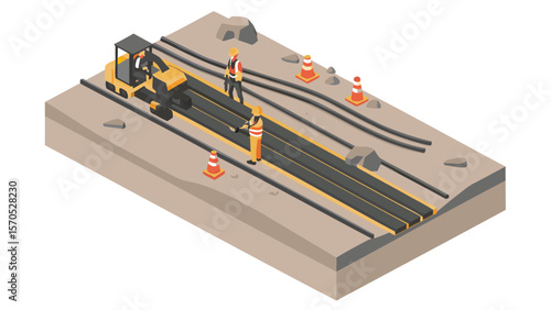 Isometric view of road construction with workers machine and cones on a dirt surface area shown