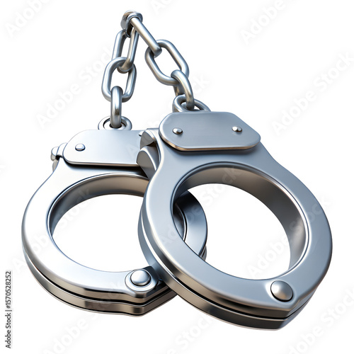 Shiny metal handcuffs linked by a chain,  isolated on transparent background