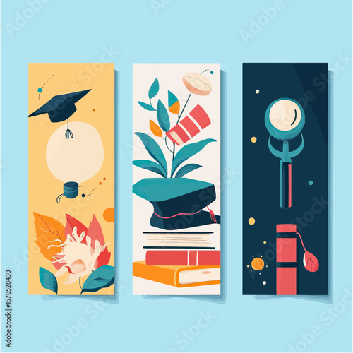 Creative education banner set with graduation caps, books, magnifying glass, plant, and abstract flat illustrations on colorful backgrounds for learning and academic concepts