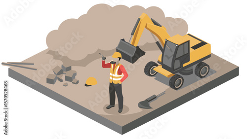 Isometric construction site scene with excavator worker and debris on a platform in neutral colors