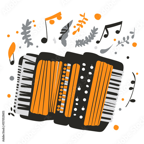 Minimalist flat vector illustration of black and orange accordion with piano keys and buttons surrounded by abstract music notes and decorative gray leaves and dots