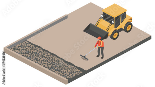 Isometric view of construction site with worker raking gravel and yellow loader present on the site area
