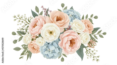 elegant floral illustration features a beautiful arrangement of delicate flowers in soft pastel hues. The bouquet showcases realistic peonies, roses, hydrangeas, and small filler flowers
