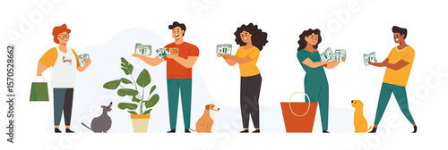 Diverse group of smiling volunteers collecting cash donations outdoors with pets and plants in flat minimalist style vector illustration