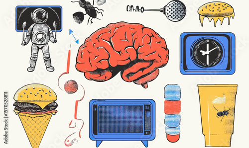 Abstract minimalist vector collage of brain, astronaut, burger and ice cream cone, clock, bugs, television, and pills with stippling grunge effect and Y2K brutalism style