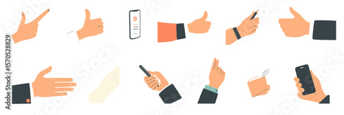 Flat minimalist vector illustration of diverse hand gestures including thumbs up, pointing, holding smartphone, pen, and coffee cup for business concept