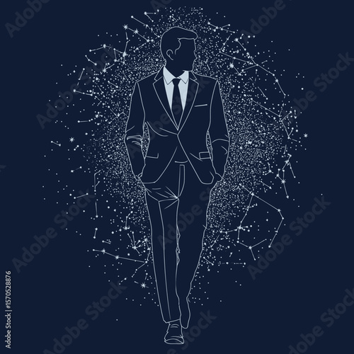 Abstract businessman silhouette in suit walking surrounded by constellation and starry cosmic space background vector illustration