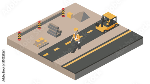 Isometric view of a road construction site with worker, forklift, cones, and building materials shown