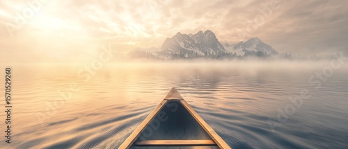 Tranquil waterscapes in a misty dawn reflected in a calm mountain lake