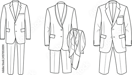 Formal men’s suit design, fashion sketch, blazer front view, vector template, tailored clothing, classic outfit, apparel flat illustration flat vector illustration