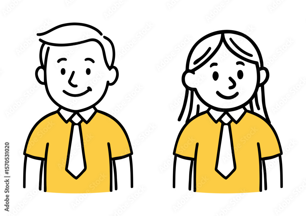 Businessman And Businesswoman Standing With Tie. Business, Office, Boss, Coffee, Yellow Shirt. Simple Line Drawing, Hand-Drawn Doodle Style Vector Illustration Businessman And Businesswoman Standing With Tie. Business, Office, Boss, Coffee, Yellow Shirt. Simple Line Drawing, Hand-Drawn Doodle Style Vector Illustration