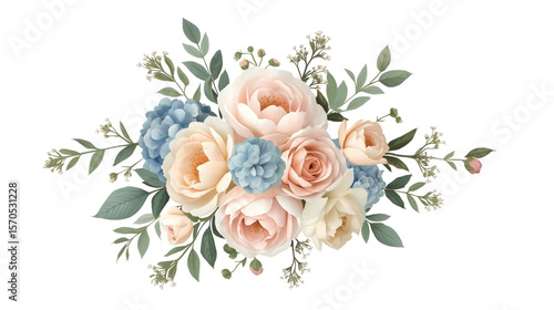 elegant floral illustration features a beautiful arrangement of delicate flowers in soft pastel hues. The bouquet showcases realistic peonies, roses, hydrangeas, and small filler flowers