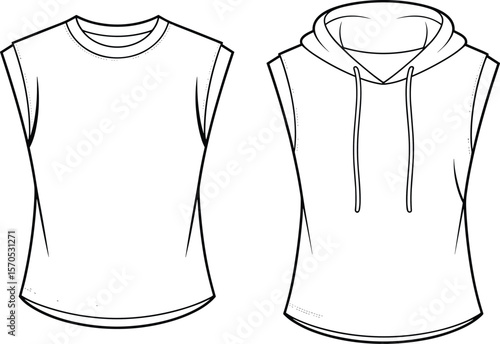 Sleeveless hoodie and tank top flat sketch, fashion technical drawing, vector apparel template, front view clothing design mockup layout

 flat vector illustration
