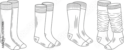 Set of various knee high socks, fashion accessories, different styles of long socks, footwear collection, black and white illustration flat vector illustration