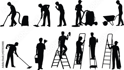Silhouette of workers cleaning, vacuuming, lifting, climbing ladders, pushing equipment, performing janitorial, housekeeping, and maintenance tasks for industry illustrations flat vector illustration