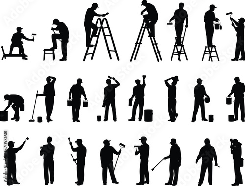 Silhouette of workers painting walls, holding rollers, using ladders, carrying paint buckets, doing renovation, maintenance, construction and indoor repair tasks

 flat vector illustration