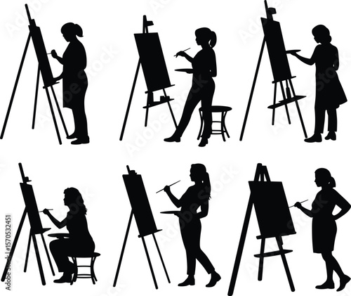 Wallpaper Mural Silhouettes of female artists painting at easels, standing and sitting poses, creative woman painter clipart for art design projects flat vector illustration Torontodigital.ca