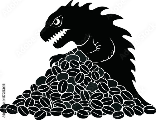 A fierce, spiky monster menacingly guards a large pile of coffee beans.