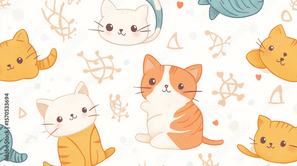 Obraz premium Adorable pattern background featuring cute cartoon kittens and playful fishbones, perfect for pet-themed designs.