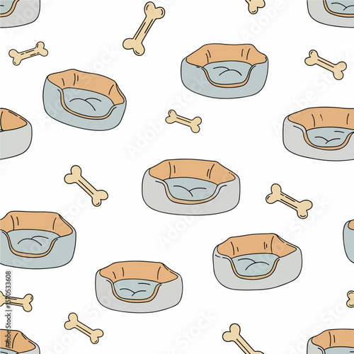 Whimsical cartoon pattern features scattered dog beds and bones, creating a playful and cozy aesthetic ideal for pet-related designs.