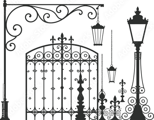 Vintage wrought iron gate, street lamp, hanging lanterns, decorative fence design elements, vector silhouette illustration, classic ornamental ironwork flat vector illustration