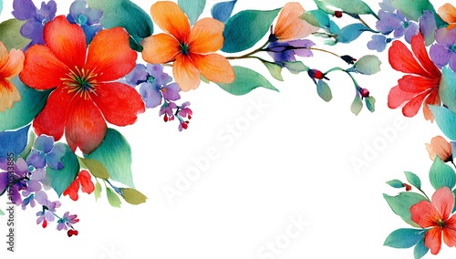 
Watercolor floral border, with large flowers in various colors on the left side of an isolated white background. The watercolors create soft and vibrant hues that highlight each flower's unique shape