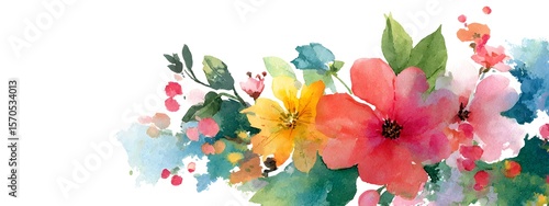 
Watercolor floral border, with large flowers in various colors on the left side of an isolated white background. The watercolors create soft and vibrant hues that highlight each flower's unique shape