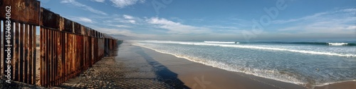 Trump Wall: Rusted Steel Border Wall on the Mexican-American Ocean Side near Tijuana