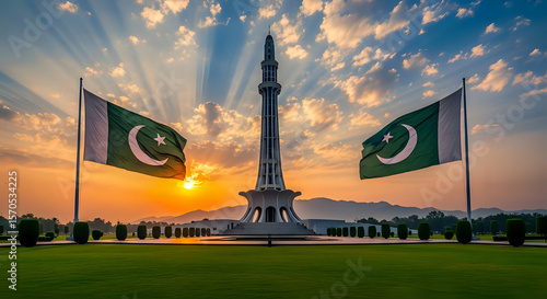 Magnificent view of Minar e Pakistan with Pakistani flags waving in the wind, showcasing national pride against a stunning sunrise backdrop.