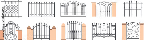 Wrought iron gates collection with brick pillars, modern and classic fence designs for home security, exterior entrance, and architectural decor flat vector illustration
