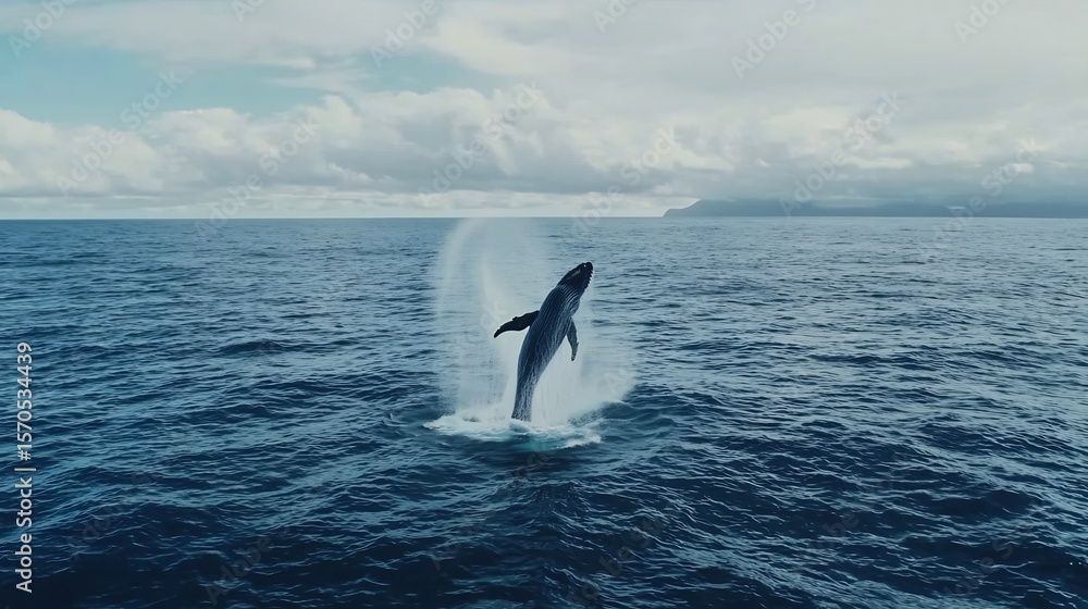 Fototapeta premium Humpback Whale Breaching Splendidly in Azure Waters Under Cloudy Skies