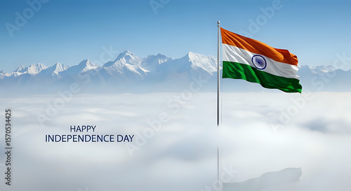 Indian flag waves proudly above misty mountains for Independence Day celebrations, symbolizing patriotism, freedom, and national pride with a serene sky.