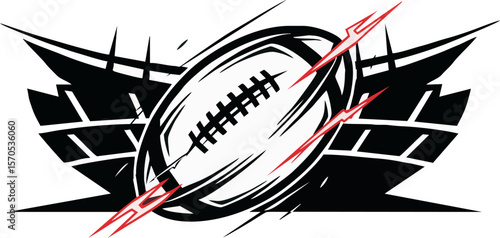 A stylized graphic depicting a football in motion, with stadium elements.
