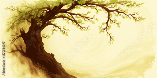 A digitally painted tree with green leaves and a brown trunk on a yellow background